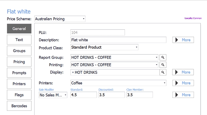 The general settings of a new PLU with description, groups, printer and prices