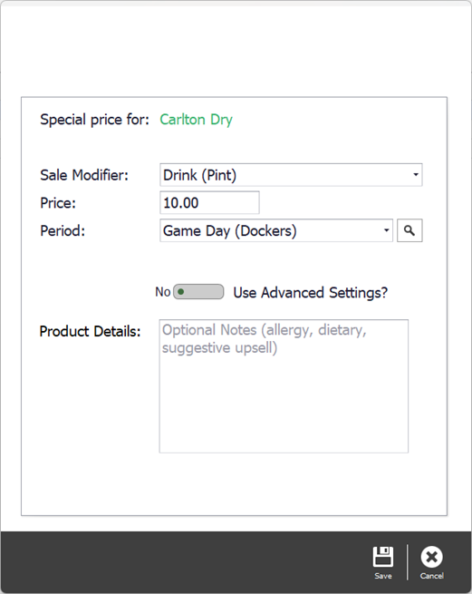 The special's price and time period fields, with the list of existing time periods