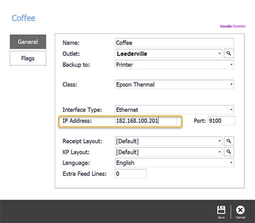 The IP address and port fields on the printer settings