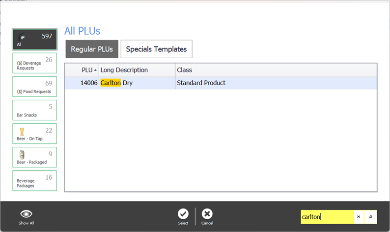 The PLU list on the Regular PLUs tab, with a product selected
