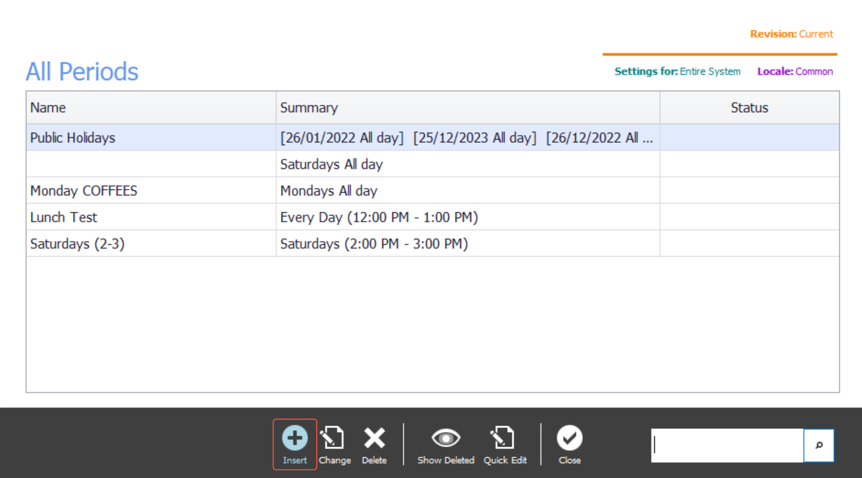 Insert in the predefined periods pop-up