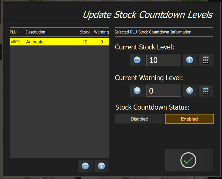 The Update Stock Countdown Levels screen: a product list on the left with PLU 4006 Anipasto selected, and Current Stock Level, Current Warning Level and Stock Countdown Status on the right