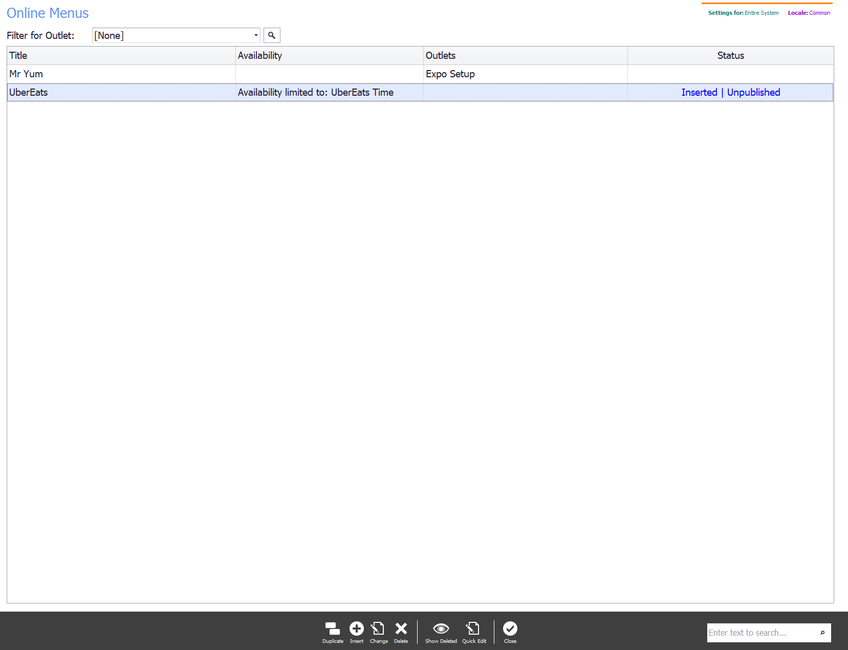 Close on the Online Menu page