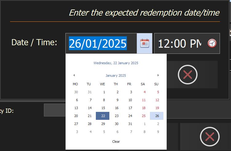 The date and time selected on the deposit