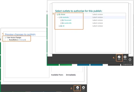 The publish screen with changes and outlets selected