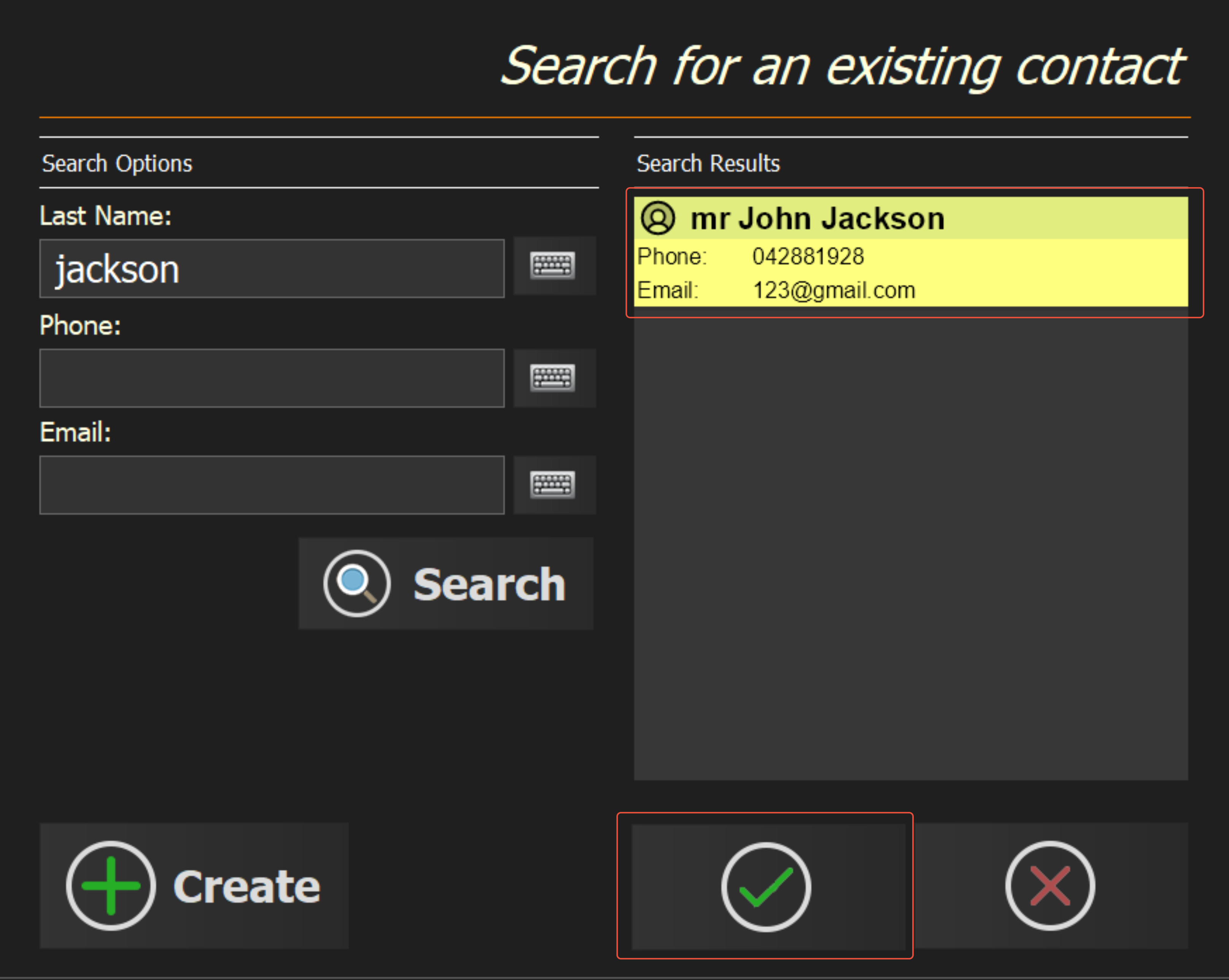 The contact found by search and selected