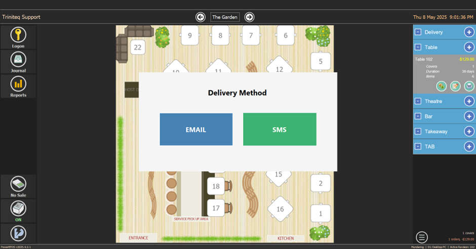 The on-screen prompt offering Email or SMS delivery