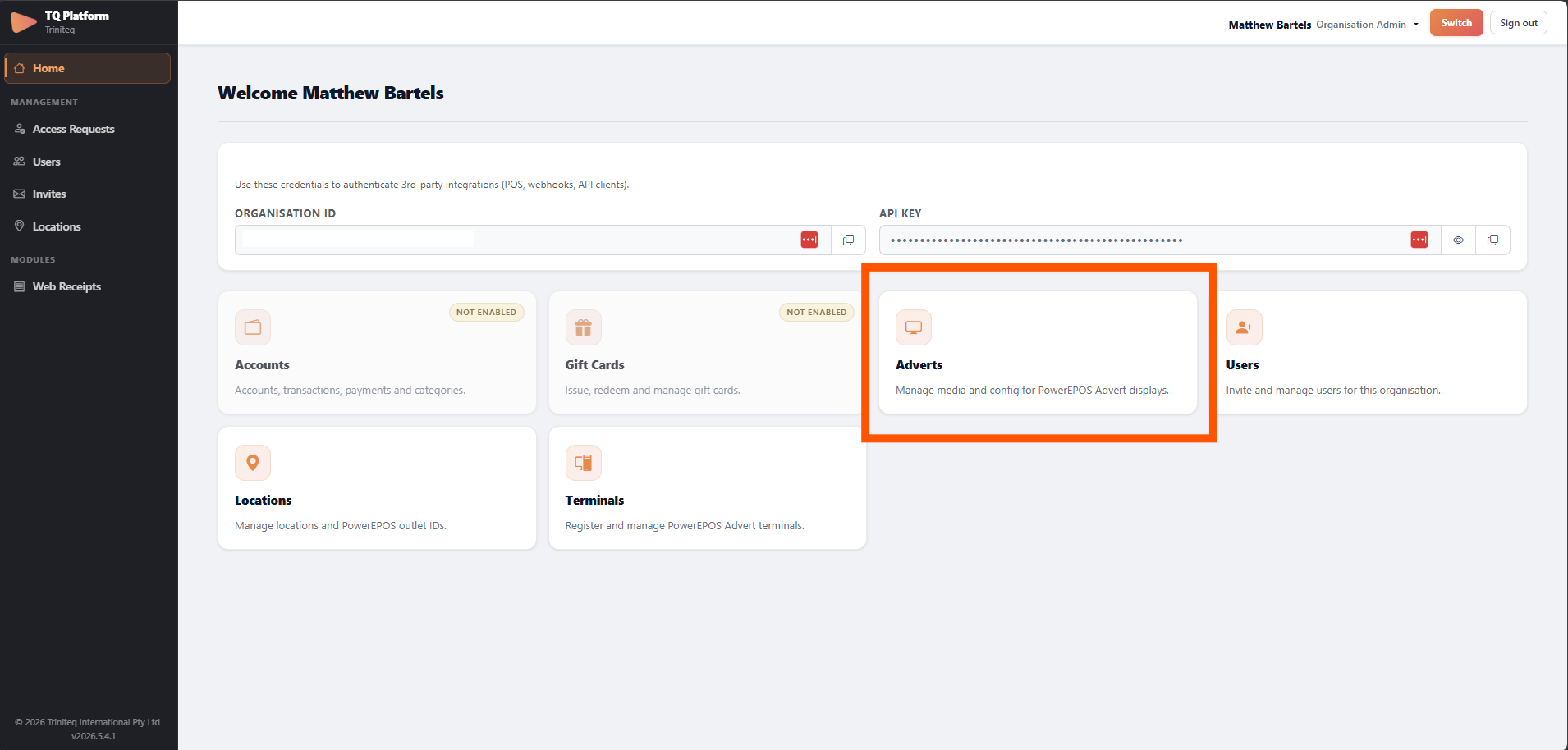 The Triniteq Platform dashboard with the Adverts menu item