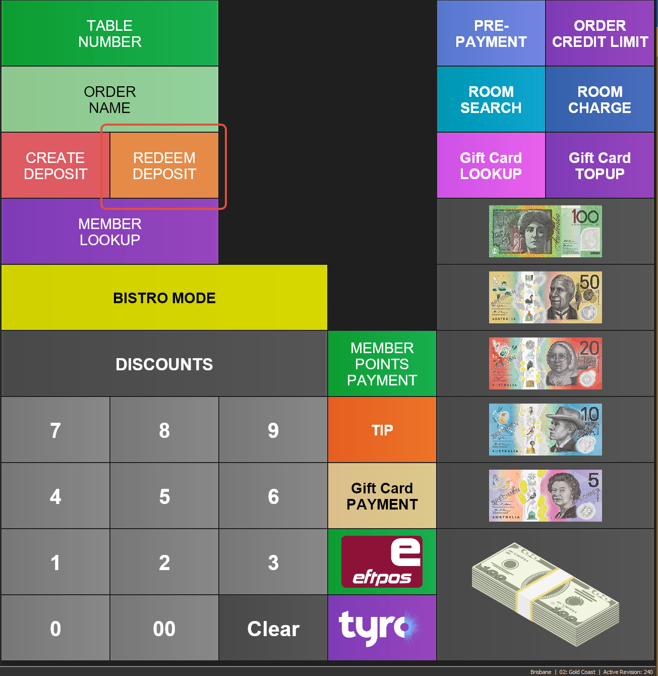 The Redeem Deposit button on the POS touchscreen