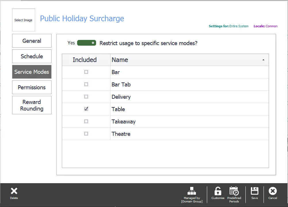 The service mode restriction toggle with service modes listed