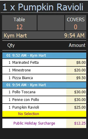 A POS order with the public holiday surcharge calculated on the bill