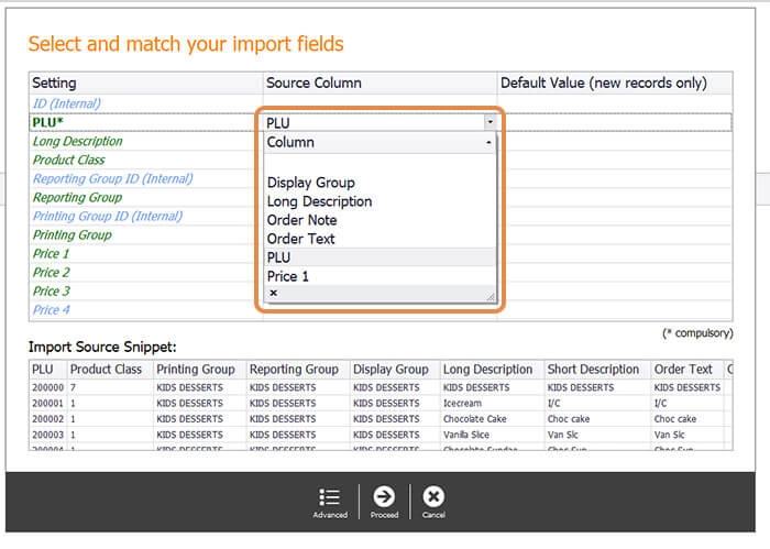 The drop-down beside a source column, open on the list of PowerEPOS field names