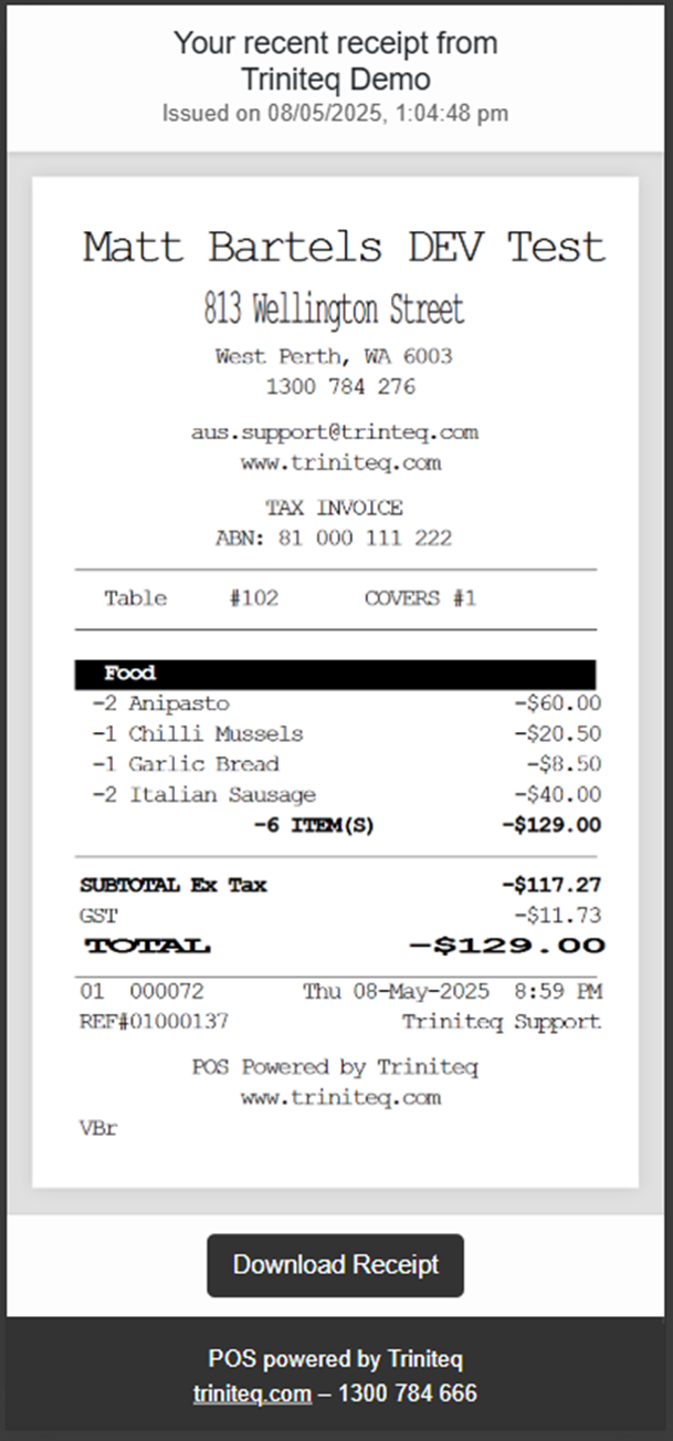 The receipt open in a web browser, showing the six month retention notice