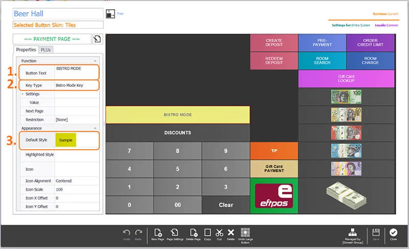 A large button being configured with its text, key type and style