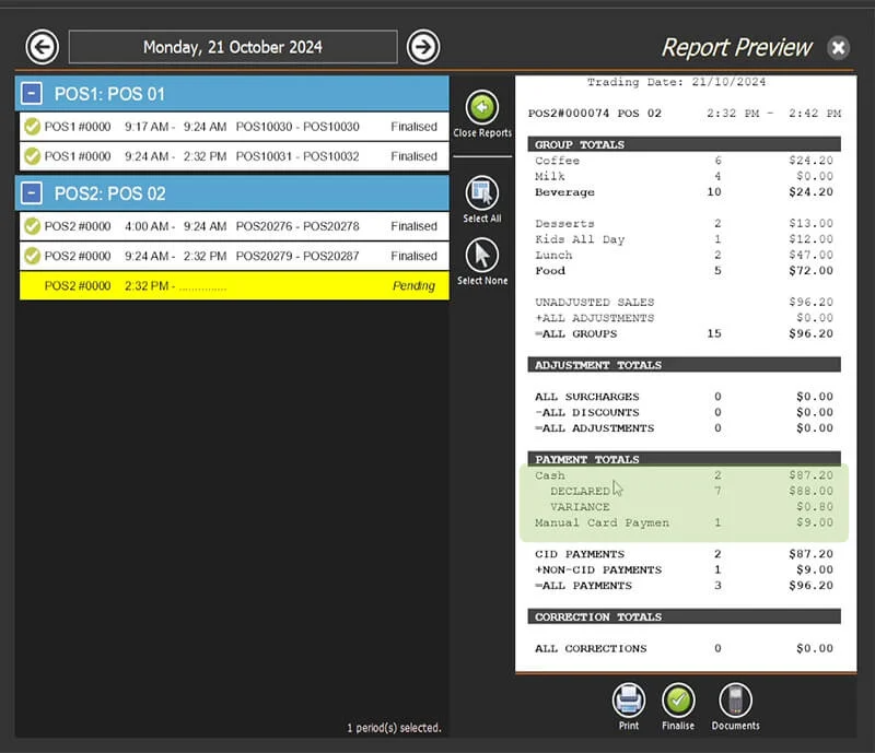 The payment totals section of the X report