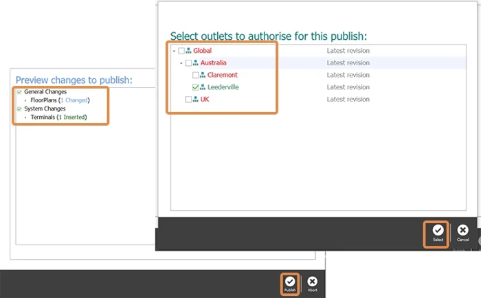 The publish screen with the changes and one outlet selected