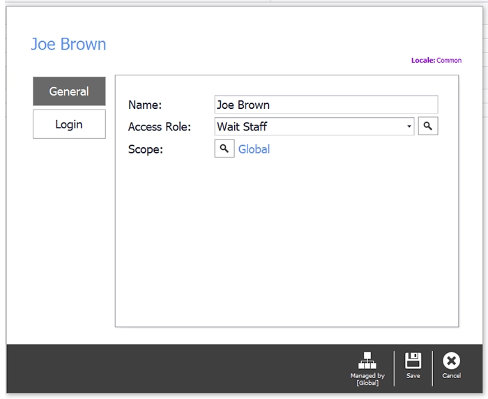 The New User Configuration window with a name entered and the Access Role drop-down open
