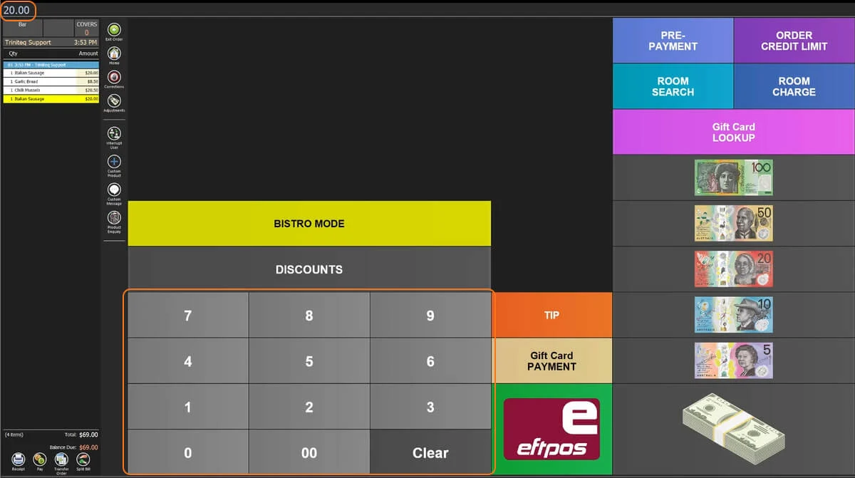The payment screen with $20.00 keyed in and shown at the top left