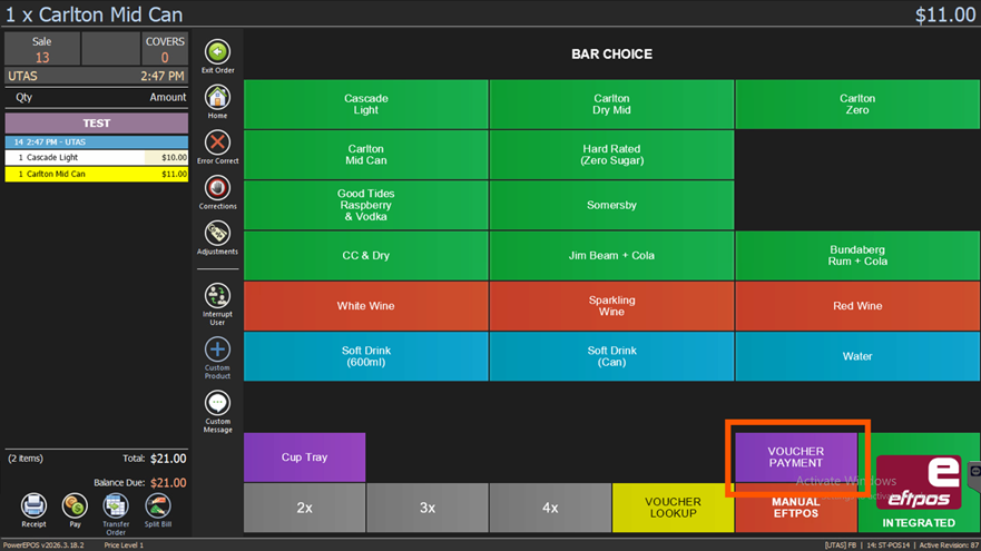 The POS payment screen, with the gift card payment button among the payment types