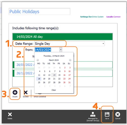 The Public Holidays schedule with a date selected on the calendar and Insert