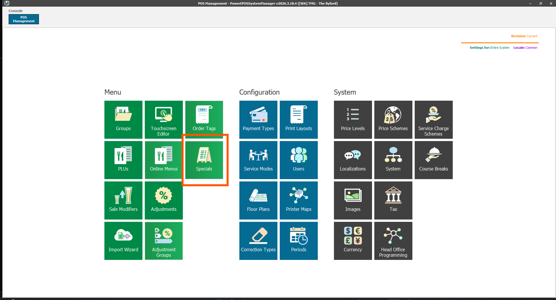 The Specials screen in System Manager, listing the specials that already exist