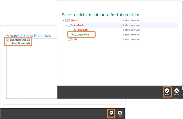 The publish screen with changes and outlets selected