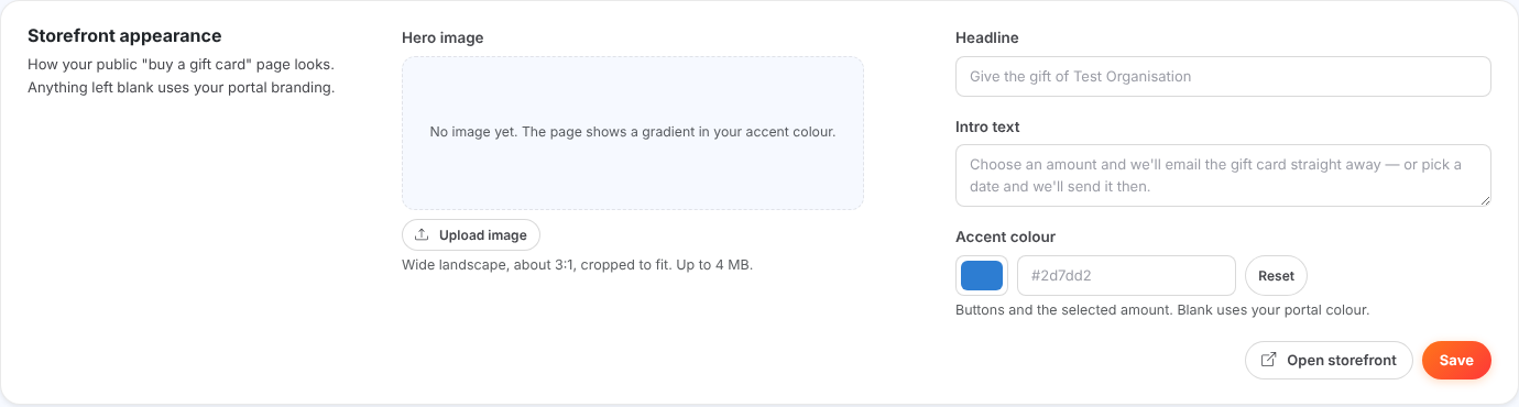 The Storefront appearance box with hero image, headline, intro text and accent colour