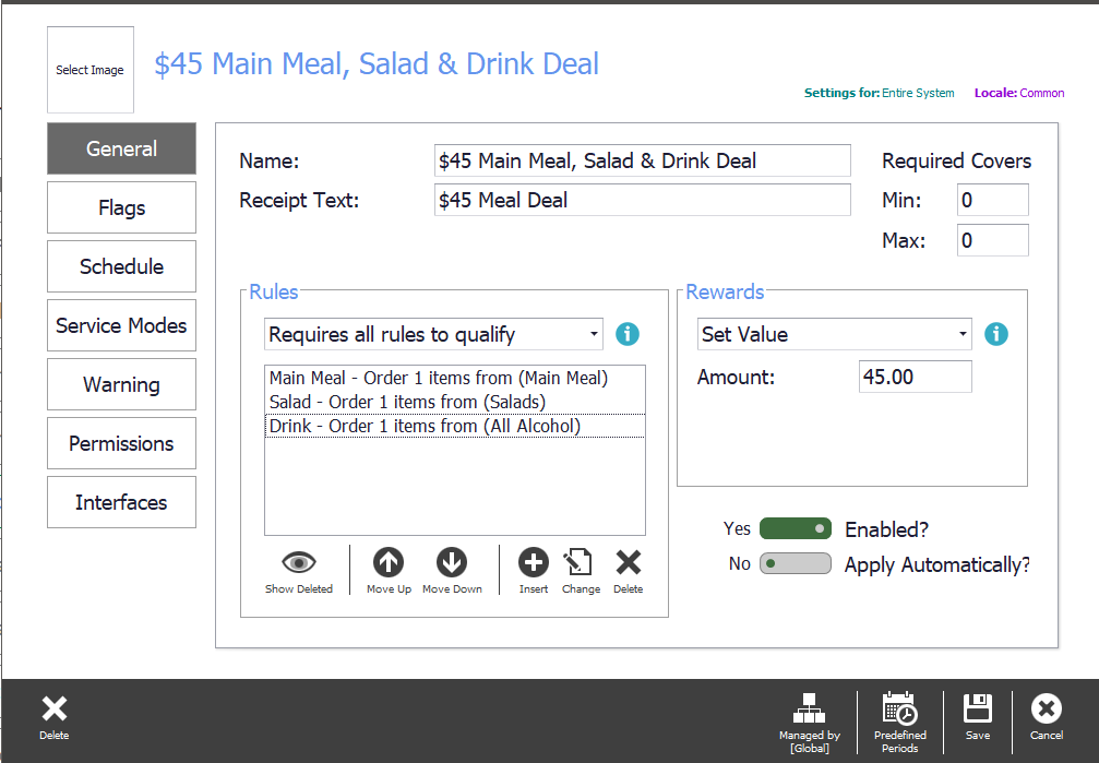 The adjustment with rules for the main meal, salad and drink