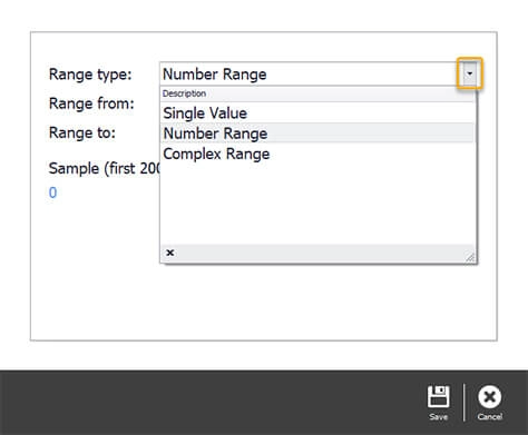 The Ranges window with Number Range selected