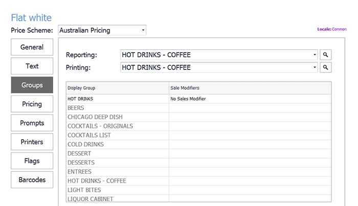 The PLU group settings showing reporting, printing and display groups