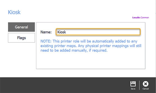 The new printer role being named Kiosk