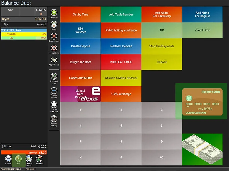 The payment screen with the Integrated EFTPOS button