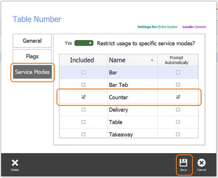 The order tag's Service Modes tab with Counter Service and Prompt Automatically ticked