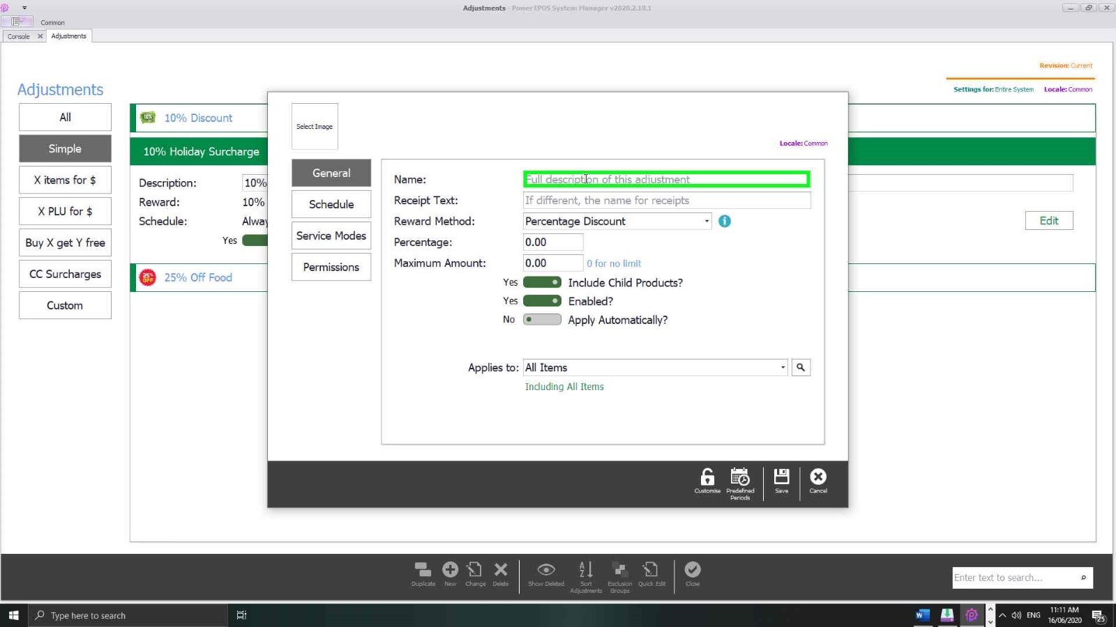 The general settings of a simple adjustment with its name entered