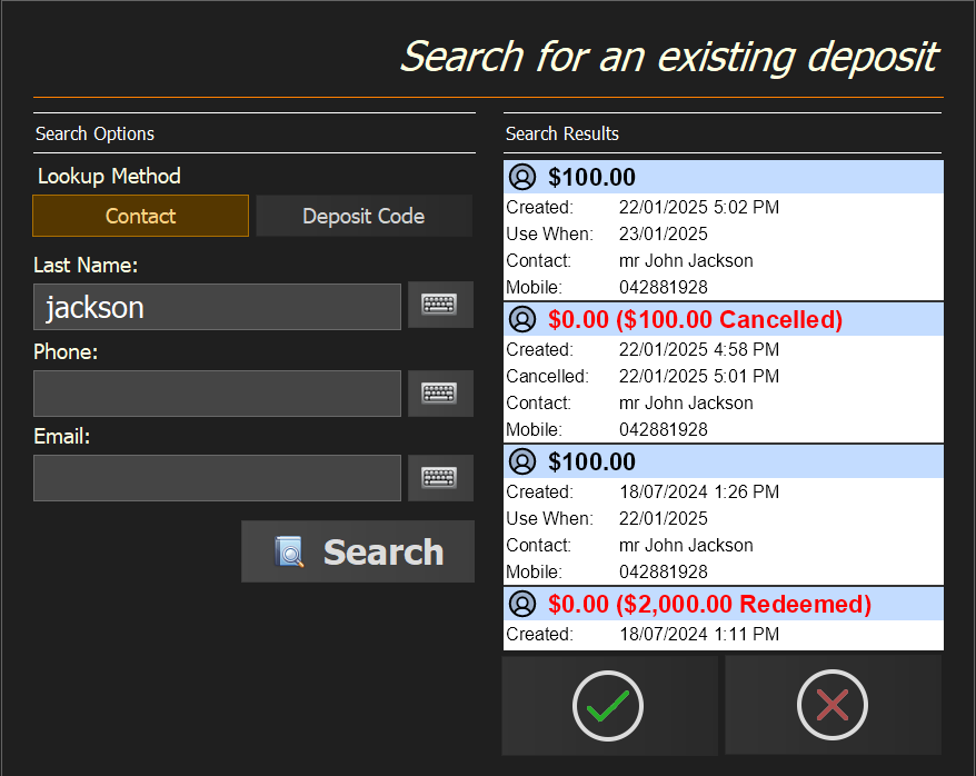 The deposit search results for a contact