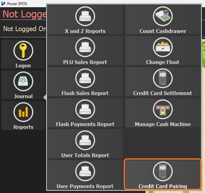 The Reports menu open, with Credit Card Pairing highlighted in the bottom right corner