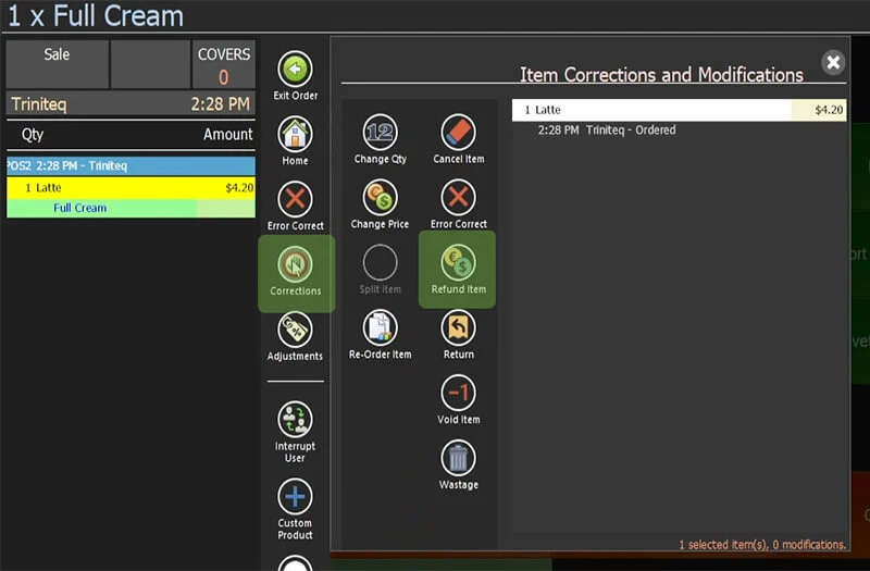 The order screen with Refund Item selected under Corrections