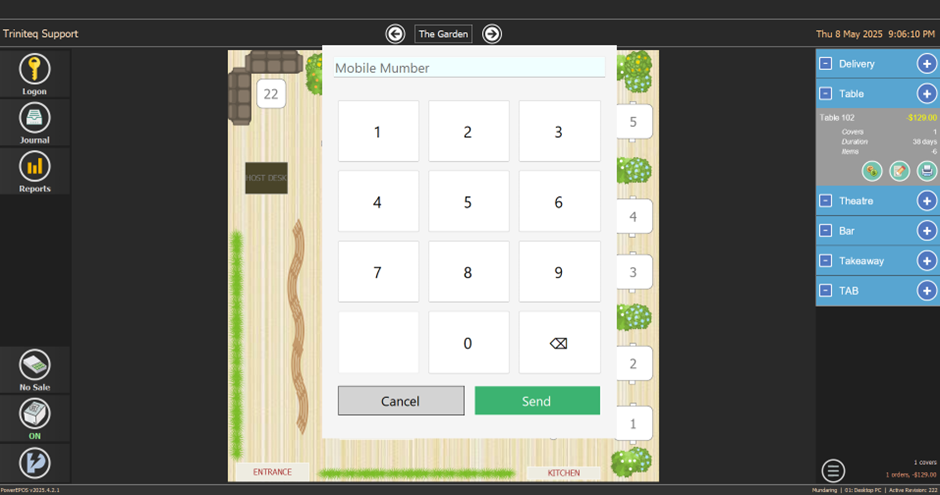 The SMS delivery screen with a mobile number entered