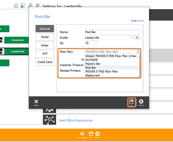 The POS Terminal Configuration window with the Floor Plan drop-down