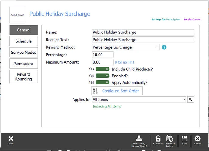 The simple adjustment with a name, reward method and surcharge percentage set