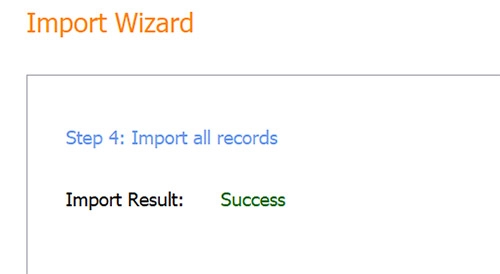 The Import Result screen reporting a successful import