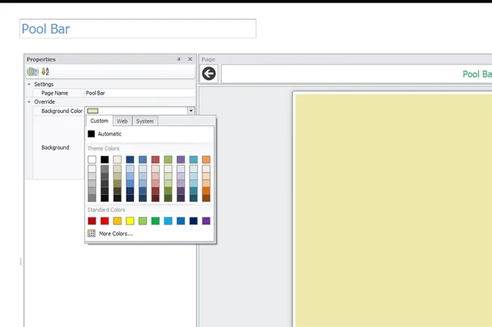 The Properties panel with a background colour being chosen