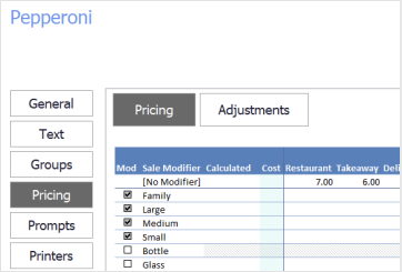 Sales Modifiers on the POS Management screen, where sizes are set up