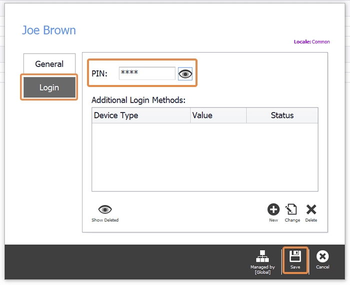 The User Login Method window with a PIN entered
