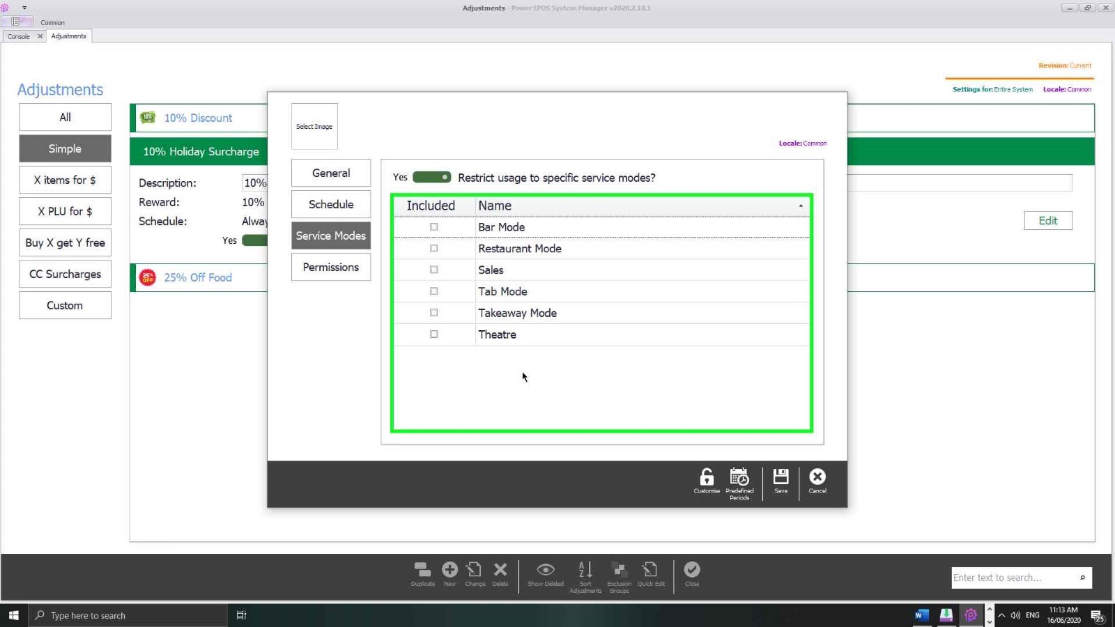 The service mode restrictions on an adjustment
