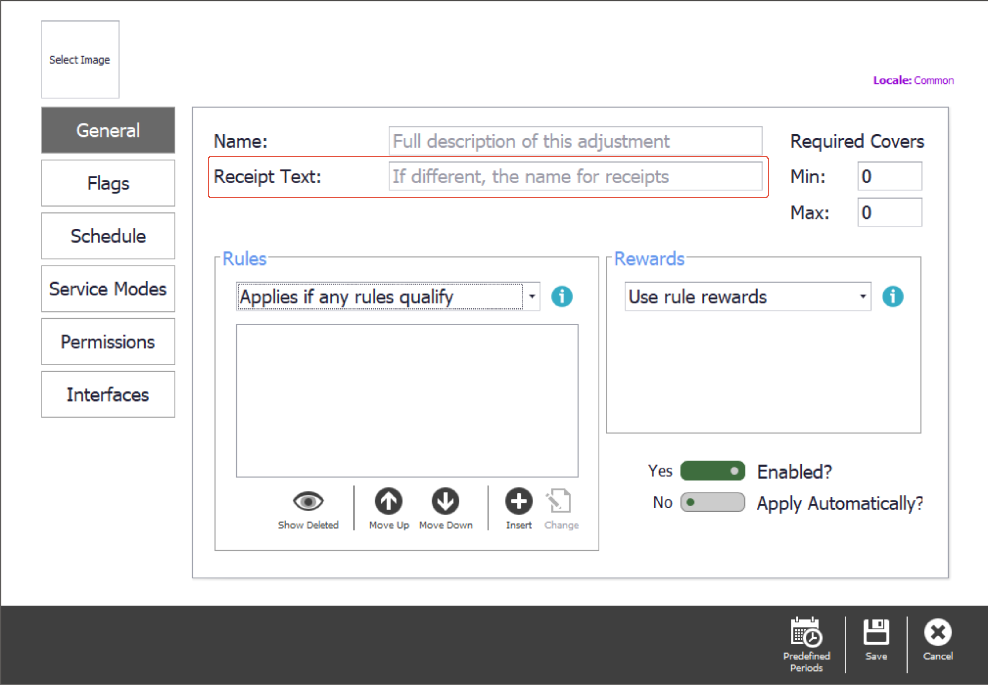 The receipt text field on the adjustment