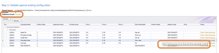 The validation screen listing six notices about data that will be created by the import