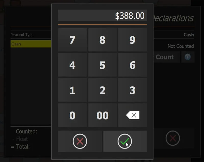 The keypad for entering the counted cash total