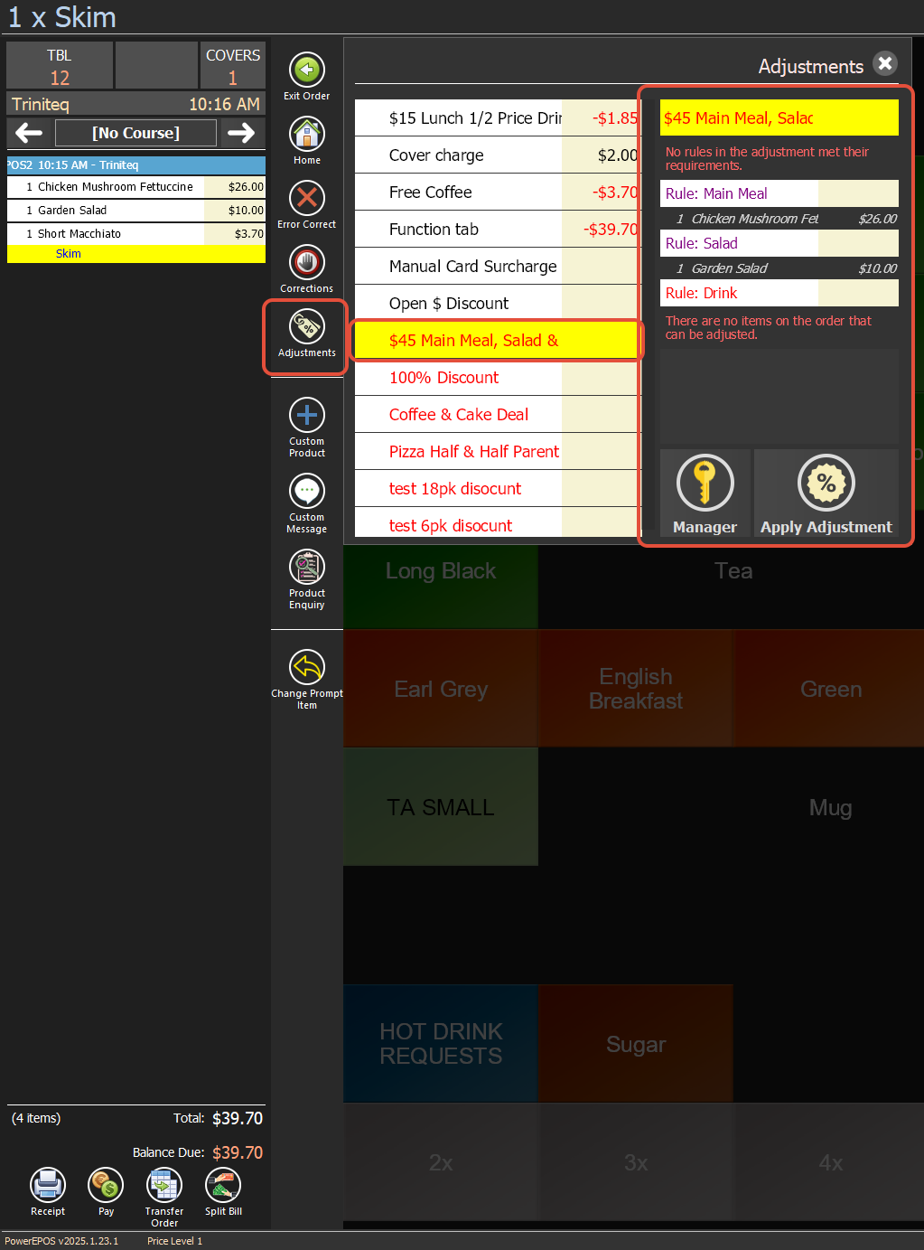 The adjustment shown in red on the POS with its rules listed
