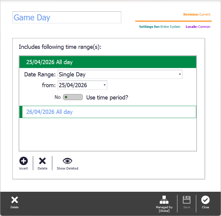 The Game Day period open, with two all-day ranges listed and the first expanded to show Date Range set to Single Day, a from date, and the Use time period toggle set to No